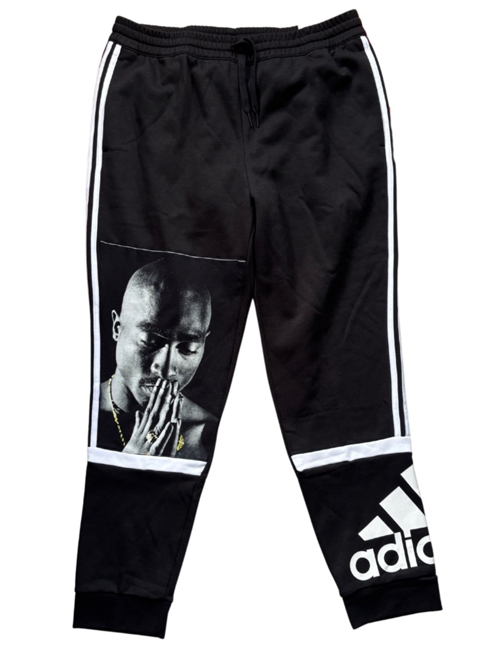 NWT Upcycled by Me: adidas Black Jogger Sweats White Stripes 2Pac Graphic